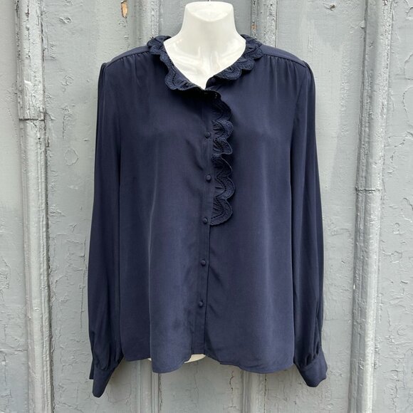Sezane Chlo Silk Navy Blouse, size 44 - Picture 5 of 14
